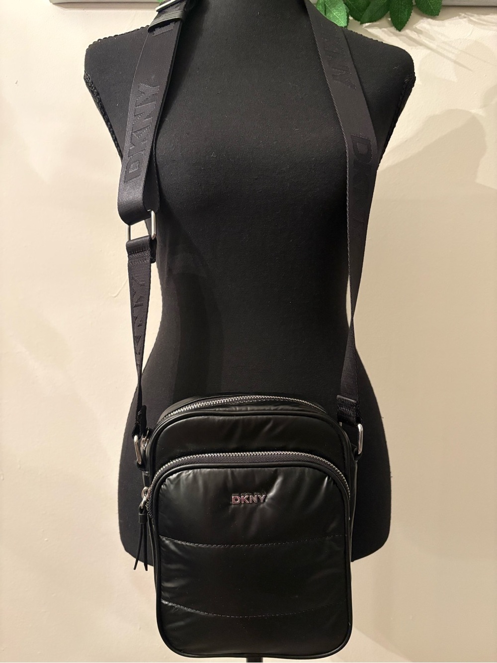 DKNY Black Nylon Crossbody Messenger Bag with Logo Strap